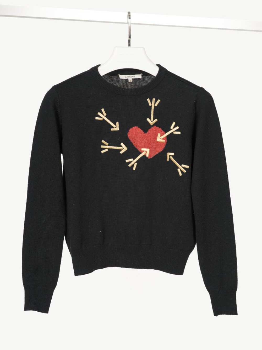 Carven AW14 Black Wool Embroidered Arrow Heart Sweater